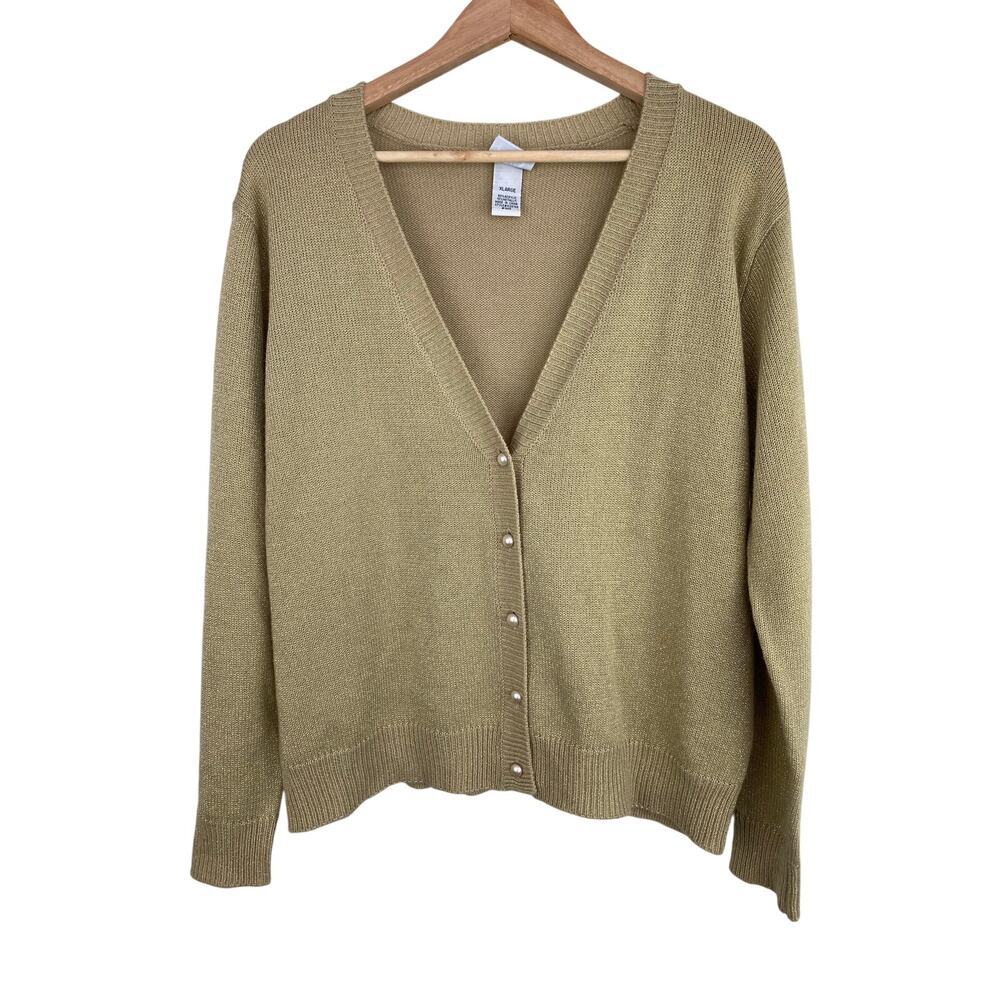 Vintage BFA Classics Women's XL‎ Gold Metallic Pearl Button Cardigan Sweater *